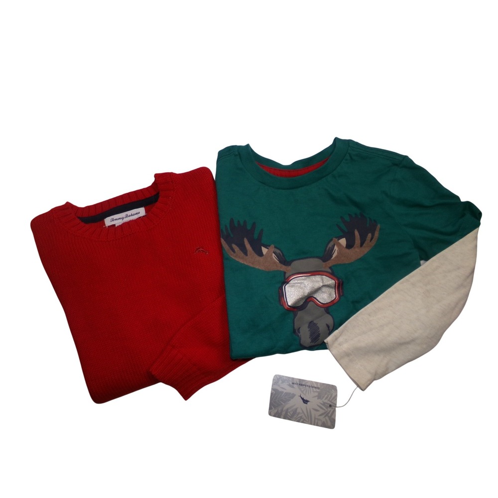 Lot of 2 Tommy Bahama sz 4 Boys Red Sweater and Moose Graphic Long Sleeve Tee